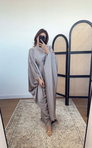 Taupe draped kaftan with inner tie belt- arwa - Fash Focused