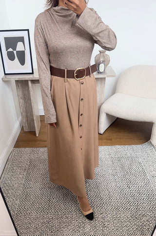 camel High neck dress with a belt- giana - Fash Focused