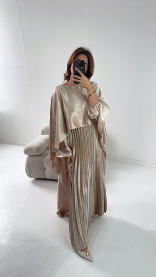 champagne pleated cape dress -mula - Fash Focused