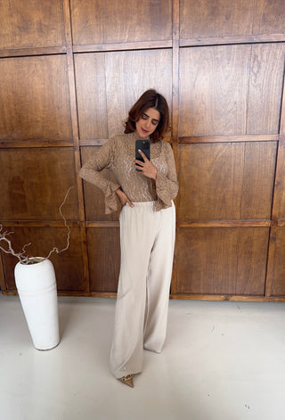 Nude high neck top with flare sleeve- mara - Fash Focused