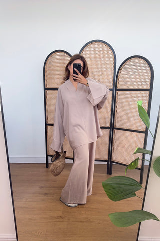 Taupe coord with mandarin collar- mila