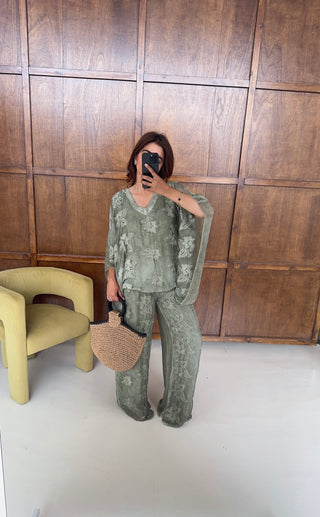 Sage embroidered chiffon silk coord- laya