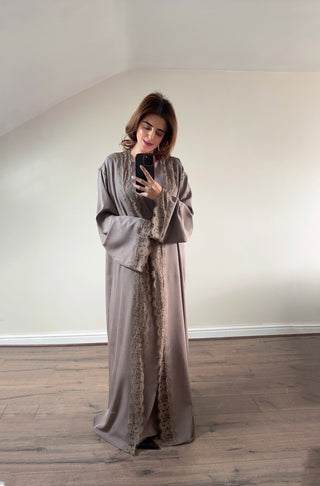 Taupe lace detail kimono two piece - liana - Fash Focused