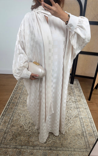 Ivory checked dress with neck scarf- sundus - Fash Focused