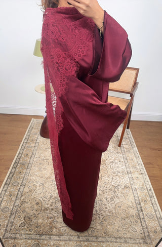 Burgandy satin dress with lace scarf - malika - Fash Focused
