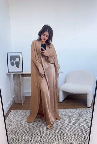 Gold long sleeve cape dress- sai - Fash Focused