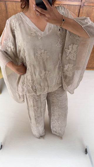 Cream embroidered chiffon silk coord- laya