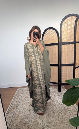Olive kaftan with gold embroidery- naila - Fash Focused