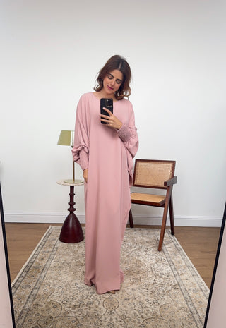 Pink basic abaya with elasticated sleeve- Dina - Fash Focused