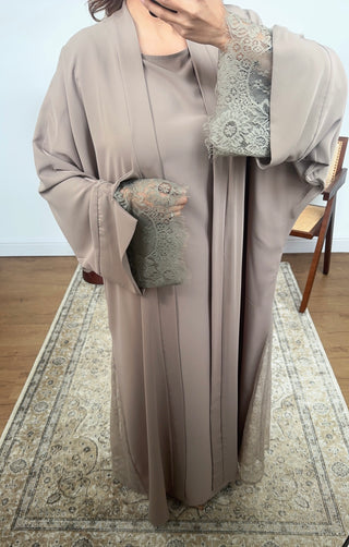 Taupe lace detail kimono two piece - amani - Fash Focused