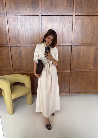 Cream embroidered tie waist dress- nerja