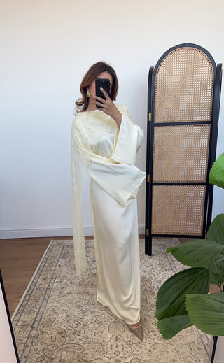 Ivory satin dress with lace scarf - malika - Fash Focused