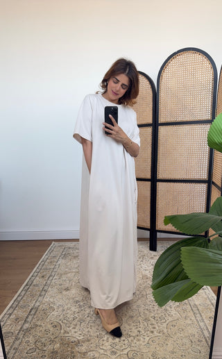 Cream T shirt dress with pockets - eva - Fash Focused