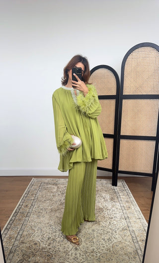 Lime pearl muse set with feather sleeves- jumana - Fash Focused