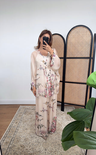 Cream floral chiffon silk coord- Nita - Fash Focused