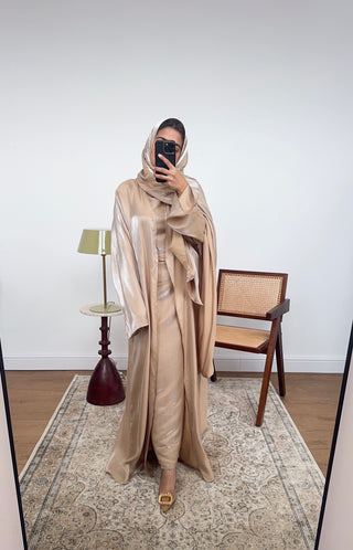 Champagne shimmer three piece abaya set- malisa - Fash Focused