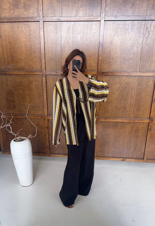 Brown Zigzag crochet kimono with tie- azura - Fash Focused