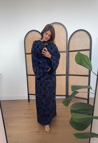 Navy fishtail velvet detail dress- laya