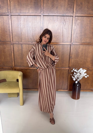 Brown two piece stripe skirt set- tabia