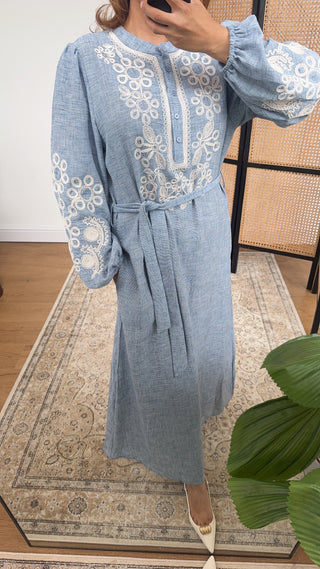 Blue dress with embroidered detail and belt- maria - Fash Focused