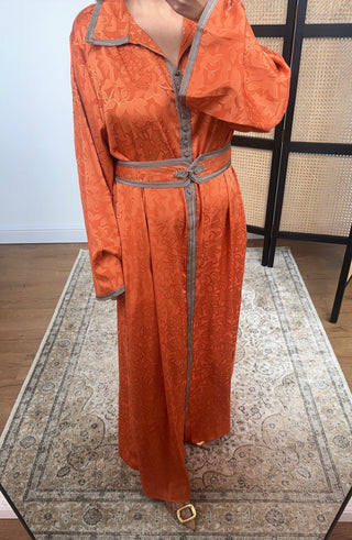 Orange jacquard satin dress with belt- lamar - Fash Focused