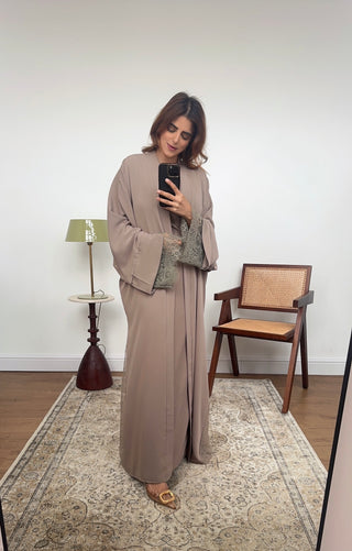 Taupe lace detail kimono two piece - amani - Fash Focused