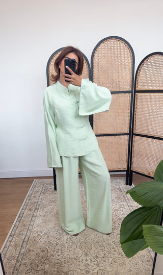Mint pearl button and wide trouser set- vana