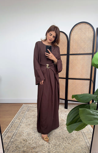 Chocolate dress with gold brooch- gia - Fash Focused