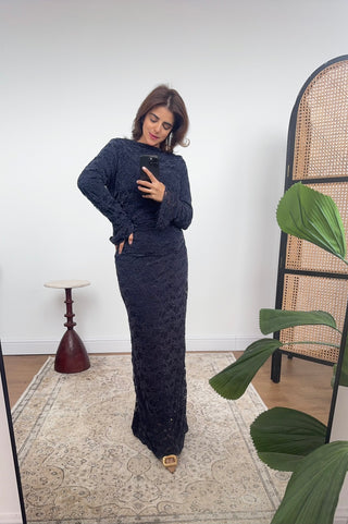 Navy fully lined lace ruched dress- alana - Fash Focused