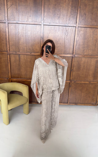 Cream embroidered chiffon silk coord- laya