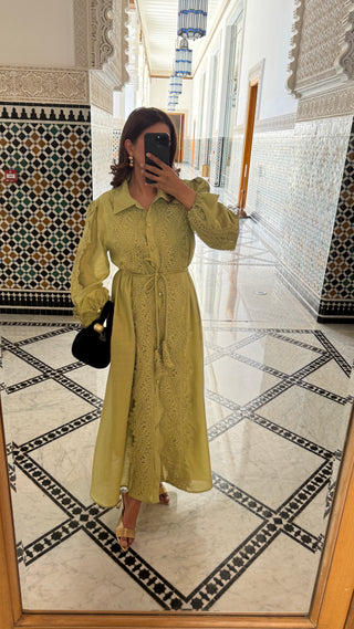 pistachio green lace detail dress- sirma - Fash Focused