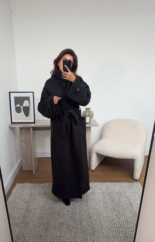 black funnel neck coat with a belt- fana - Fash Focused