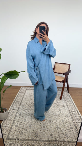 Light Blue collar denim look wrap over coord- liliana - Fash Focused