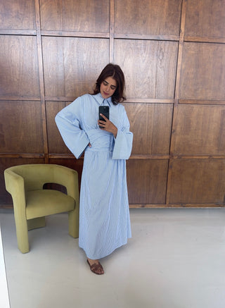 Blue striped waist tie dress- hua