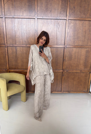 Cream embroidered chiffon silk coord- laya