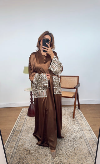 Brown embroidered two piece abaya set- mina - Fash Focused