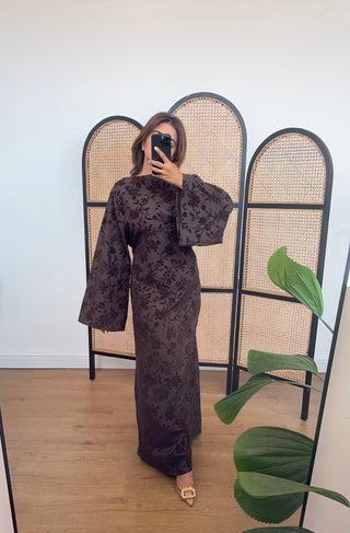 Chocolate fishtail velvet detail dress- laya