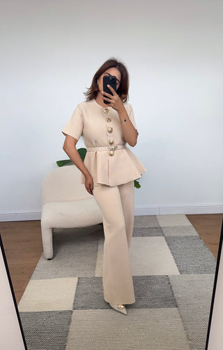 Cream  peplum coord with gold buttons - Bella - Fash Focused