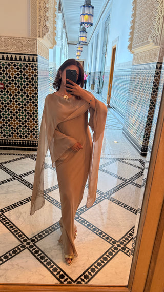 Long flowy dress with attach scarf mocha- Sasa - Fash Focused