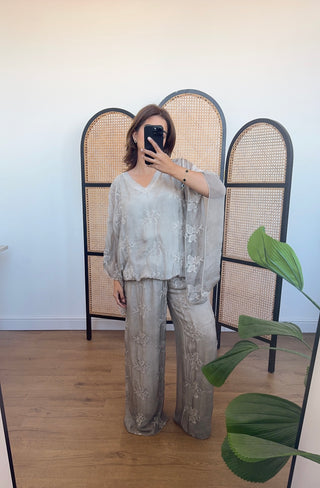 Taupe embroidered chiffon silk coord- laya