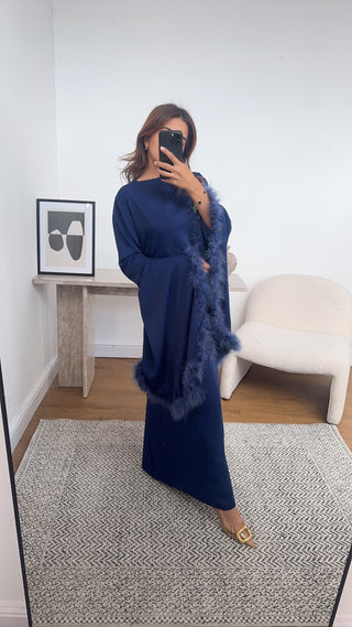 Navy faux feather dress- tina - Fash Focused