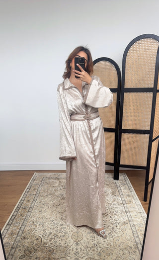 Cream jacquard satin dress with belt- lamar - Fash Focused