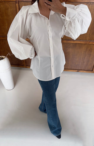 White voluminous sleeve back tie shirt- rara - Fash Focused