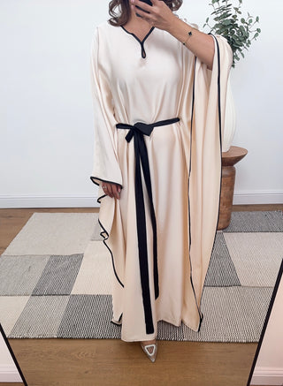 cream kaftan dress with a belt- aya - Fash Focused