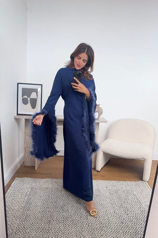Navy faux feather dress- tina - Fash Focused