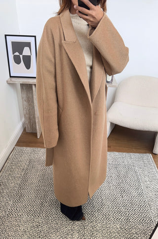 camel handmade wool belted coat- marli - Fash Focused