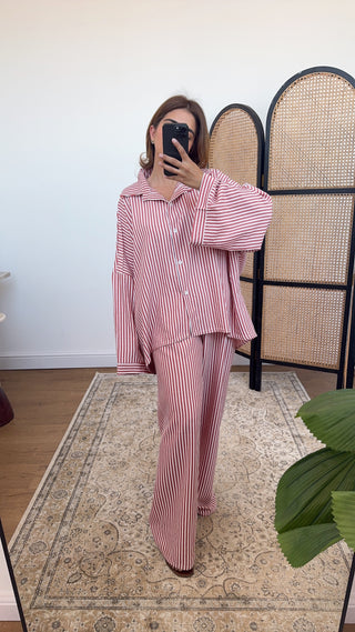 Red stripe button down coord- wari