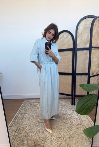 Powder blue stripe collar dress- iris - Fash Focused