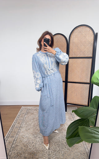 Blue dress with embroidered detail and belt- maria - Fash Focused