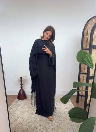 Black fringe cape dress- elara